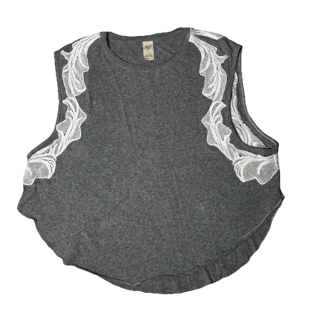 We The Free People Bonsai Knit Hethered Grey White Lace Top Sz S Boho